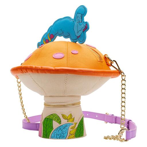 Figural crossbody in the shape of a mushroom with a white stem and orange top with the Caterpillar from Alice in Wonderland laying on the top of the mushroom.